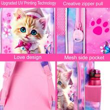 3PCS Backpacks For Girls, 16" Elementary Kids Cute Cat Backpack Preschool School Bookbags And Lunch Box