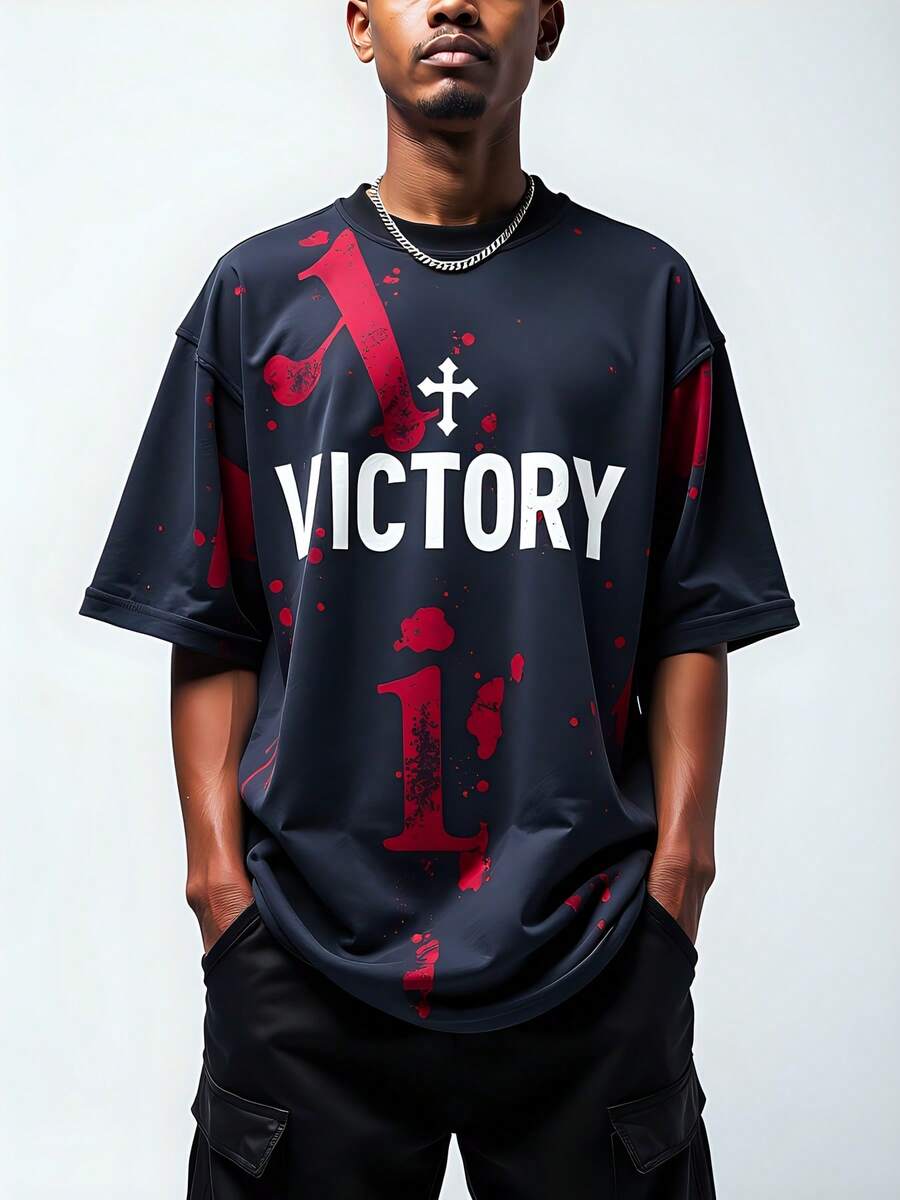 Camiseta de  de Algodón 180g con Diseño de Victoria y Número 1, Cuello Redondo de Manga Corta Estilo Casual y Urbano, Ideal para Moda Juvenil, T-shirt Estampada de Calidad, Ropa Versátil y Moderna. - Negro - Ver 1