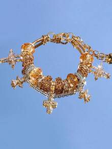 1piece Pan Family Style Bracelet With Gold Flowers, Small Grand Slam Style, Unique Charm, DIY Adjustable Bead Bracelet - 彩色 - 查看 1