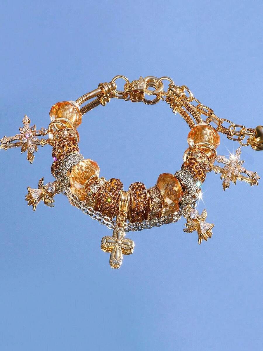1piece Pan Family Style Bracelet With Gold Flowers, Small Grand Slam Style, Unique Charm, DIY Adjustable Bead Bracelet - 彩色 - 查看 1