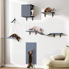 Tomnk 5 Pcs Wall Mounted Cat Furniture Set - Climber Set With House, Bridge, Steps, Scratcher Board - DIY Walls Playground, Indoor Cat Shelves - Gray - 灰色 - 查看 1