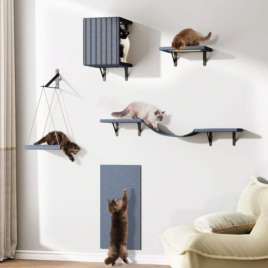 Tomnk 5 Pcs Wall Mounted Cat Furniture Set - Climber Set With House, Bridge, Steps, Scratcher Board - DIY Walls Playground, Indoor Cat Shelves - Gray - 灰色 - 查看 1