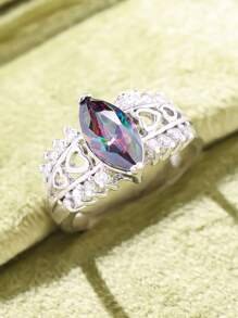 1 Peça Anel com Formato de Olho de Cavalo Cravejado de Zircônia Cúbica Elegante, Luxuoso e Brilhante, Acessório Fashionista Feminino para Casamento, Noivado, Dia dos Namorados, Festa e Uso Casual do Dia a Dia