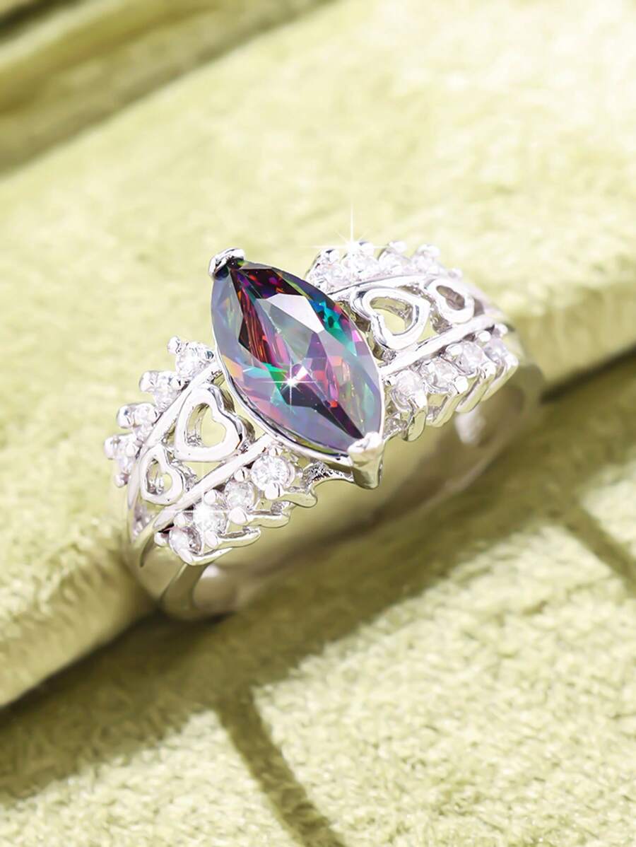 1 Peça Anel com Formato de Olho de Cavalo Cravejado de Zircônia Cúbica Elegante, Luxuoso e Brilhante, Acessório Fashionista Feminino para Casamento, Noivado, Dia dos Namorados, Festa e Uso Casual do Dia a Dia