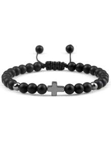 Handmade Woven Bracelet With Turquoise Cross Beads, Men Sports Accessory, European & American Import Jewelry