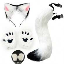 White - Animal Claw Paw Gloves With Cat Ears & Tail, Cute Plush Costume Props, Suitable For Cosplay, Halloween