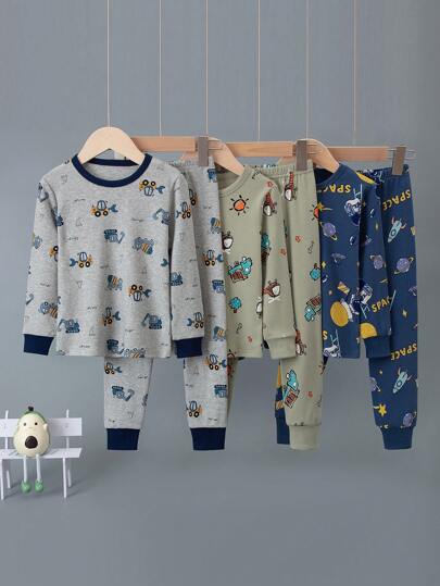 6pcs Set Young Boys ' Cartoon Underwear Set, Cute Car Pattern Thick Long Sleeve Pajamas, Space Astronaut Print Loungewear Autumn