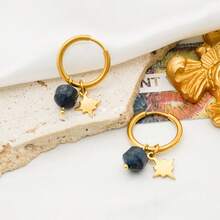 1 对 18K 镀金不锈钢波西米亚风格海滩圈形耳环，带天然石八角星吊坠，独特设计