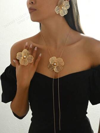 Flower Jewelry Set Include Earrings, Necklace, Ring, Vintage Palace Style, Hollow Metal Inlay Pearl, Suitable For Date Night & Party Outfits