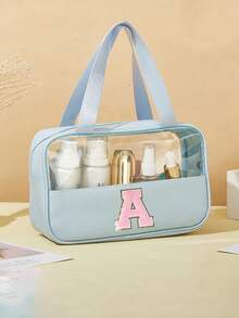 1PC Transparent PVC Toiletry Bag For Makeup Tools Letters Makeup Bag Water-Proof Portable Chenille Letter Zipper Make Up Organizer Minimalist Initial Letter Patch Travel Toiletry Bag For Women For - Baby Blue - View 3