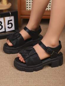 1 Pair Summer Fashion Soft Platform Wedge Sandals For Girls, Suitable For Princess Aged 3-15 For Outdoor Walking, Travel, Party, Beach - Black - View 3