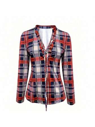 女士修身 V 领缺口孔眼系带长袖 T 恤，春夏