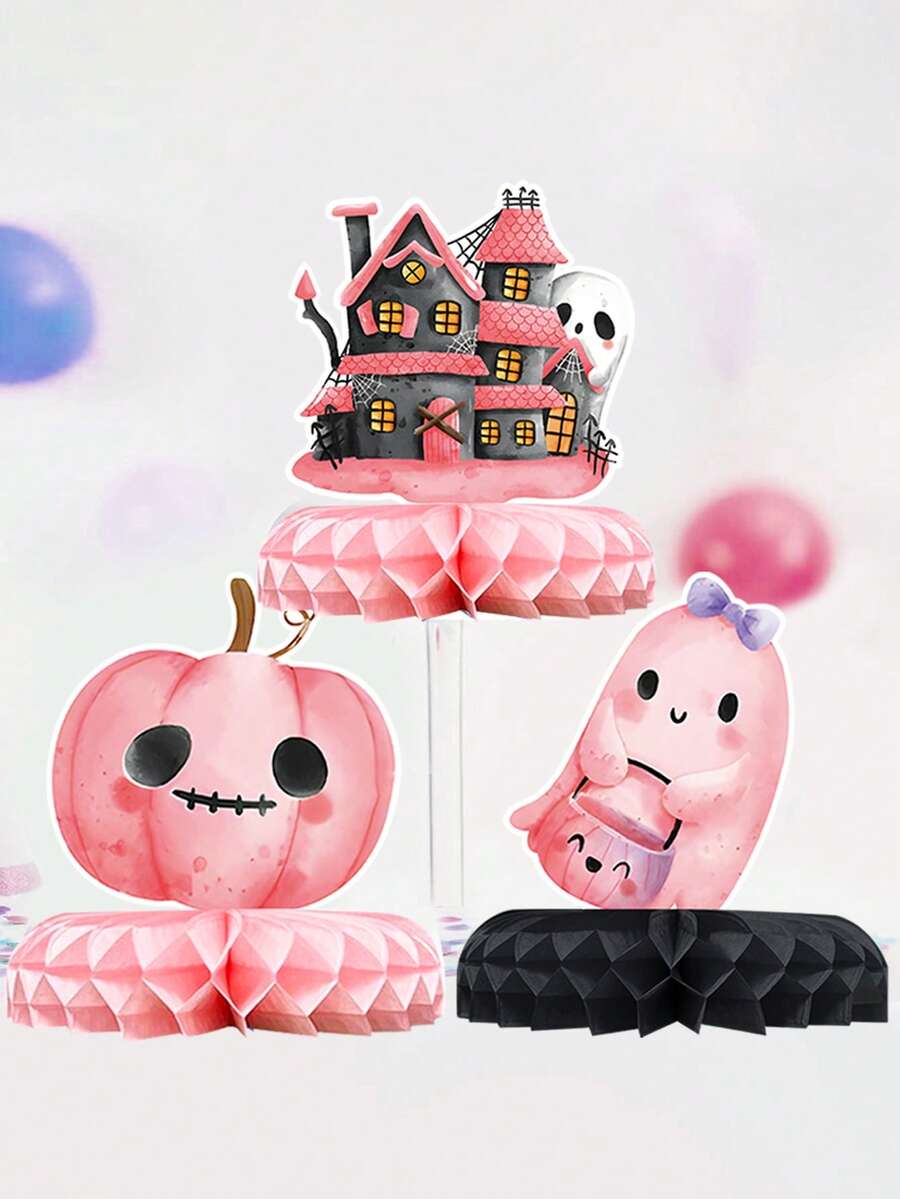 Set de 7 piezas de centro de mesa de panal con diseños adorables de Halloween como calabaza, castillo, fantasma y gato, decoraciones de papel para fiestas, decoraciones para Halloween, decoraciones de fondo para fiestas de Halloween, decoración feliz de Halloween, suministros para fiestas de Halloween, decoración para el hogar, decoración de mesa, decoración de habitación - Rosa - Ver 1