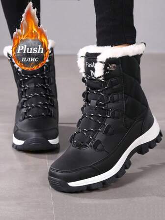 1 Pair Plus Size Women's Snow Boots, 2025 Winter New Model, Fur Collar, Casual Fashion Snow Shoes, Warm Lining, Waterproof Anti-Slip, Suitable For Snow Travel And Skiing, Size 35-42