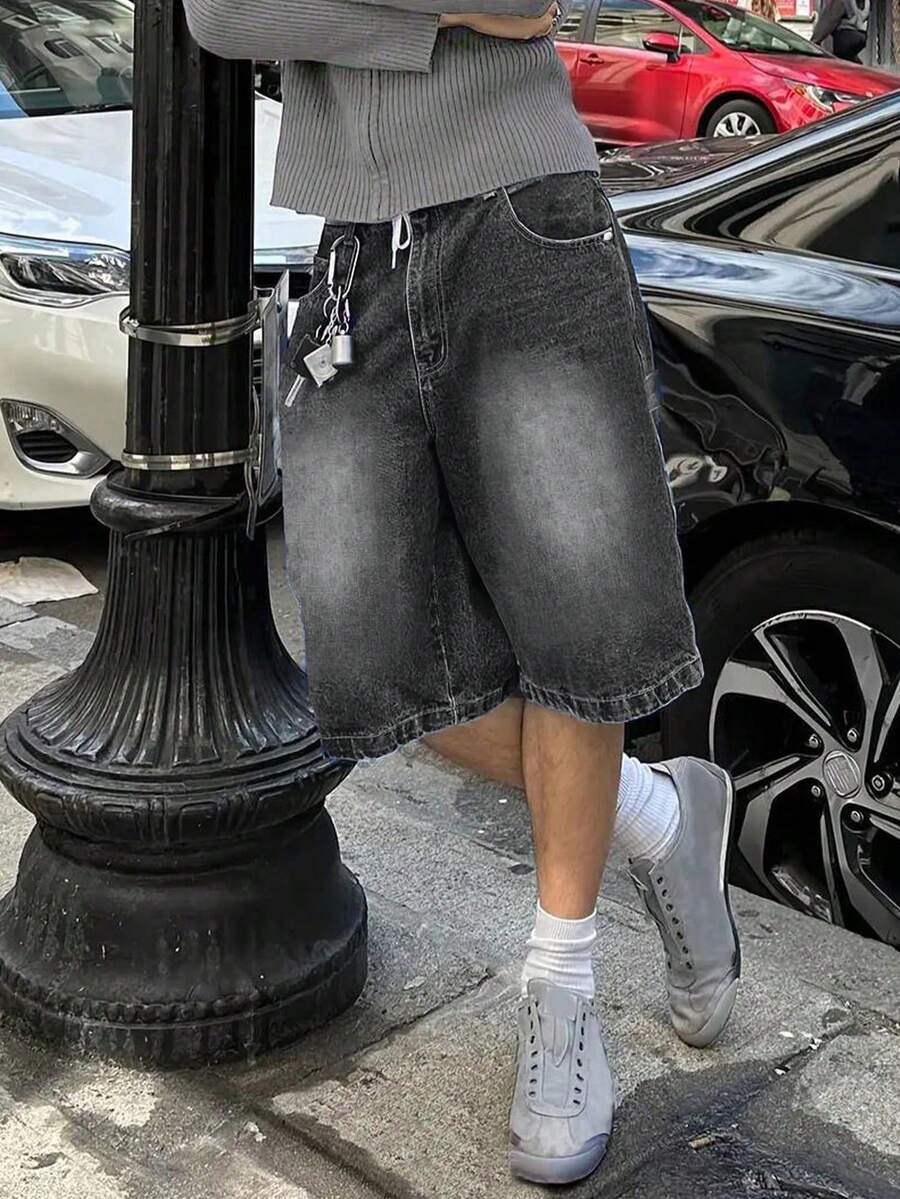 Teen Boy Vintage Loose Washed Denim Shorts, Summer - 深灰色 - 查看 1