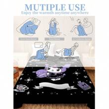 Sanrio Kuromi Anime Decke mit Motiv der Zauberball-Karte - Hergestellt aus gestricktem Polyesterfleece, moderner Digitaldruck, Cartoon-Thema, Katzenbekleidung, bequeme Wohndekoration-Decke für alle Jahreszeiten, maschinenwaschbar