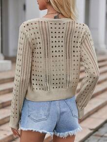 1pc Solid Color Hollow Front Button V-Neck Long Sleeve Knitted Cardigan Sweater Top, Suitable For Night Date, Daily Wear, Birthday Party, Formal Dinner, School Reunion, Singles Party, Tea Party, Travel, Country Music Festival, Early Autumn Daily Commute - Khaki - View 3