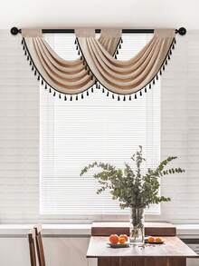 1 件轻质仿亚麻面料短窗帘，带流苏和镂空边框，现代简约风格，米色和黑色