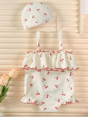 Girls One-Piece Cherry Swimsuit, Cute Rash Guard Beachwear Set With Hat