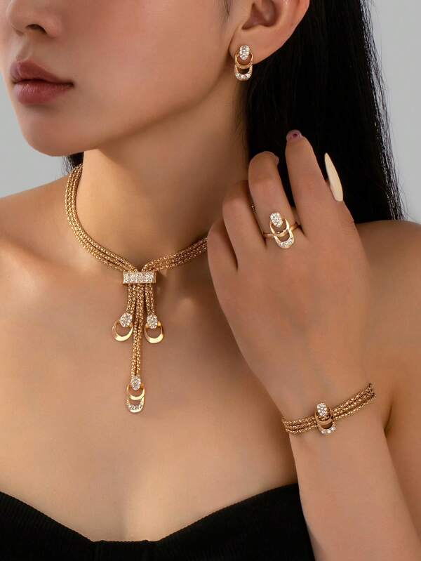 5pcs/Set Elegant Bling Fully Rhinestoned Geometric Horseshoe Design Women Jewelry Set Including Necklace, Bracelet, Earrings, Ring, Suitable For Daily Wear Or Party