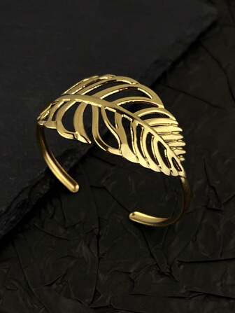 1pc 18k Gold Plated Hollow Leaf Stainless Steel Bracelet, Lightweight Luxury Design, Versatile For Women Outdoor And Everyday Wear