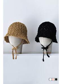 1pc Plain Simple Sweet Straw Bucket Hat, Ribbon Tie Design, Niche Fashion Versatile Breathable Hollow Foldable Beach Sun Hat For Resort