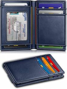 Magnetic Closure Slim Wallet-Genuine Leather Front Pocket Wallet For Men,RFID Blocking,Holds 12 Cards And Money Clip - Blue - View 2