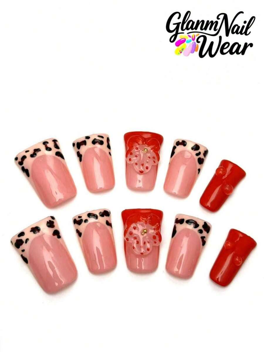 10 Pieces Of Handmade Duckbill Nail Art, Y2K Retro Style, Suitable For Spring And Summer. It Combines Gradients, Carvings, Three-Dimensional Decorations (Flowers, Pearls, Sequins, Bows, Stars) As Well As Hand-Painted Dots And Tiger Patterns, Which Are Both Gorgeous And Unique, Fashionable And Wear-Resistant, Suitable For Women And Girls. - Multicolor - View 1