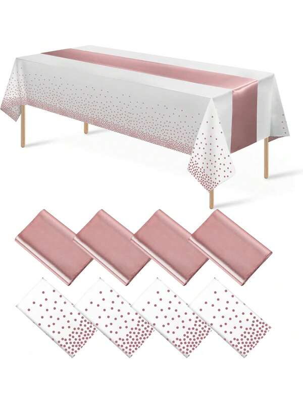 Juego de manteles desechables de plástico en blanco y oro rosa y caminos de mesa de satén, manteles de 54 X 108 pulgadas, caminos de mesa de 11 X 108 pulgadas para boda, graduación, cumpleaños
