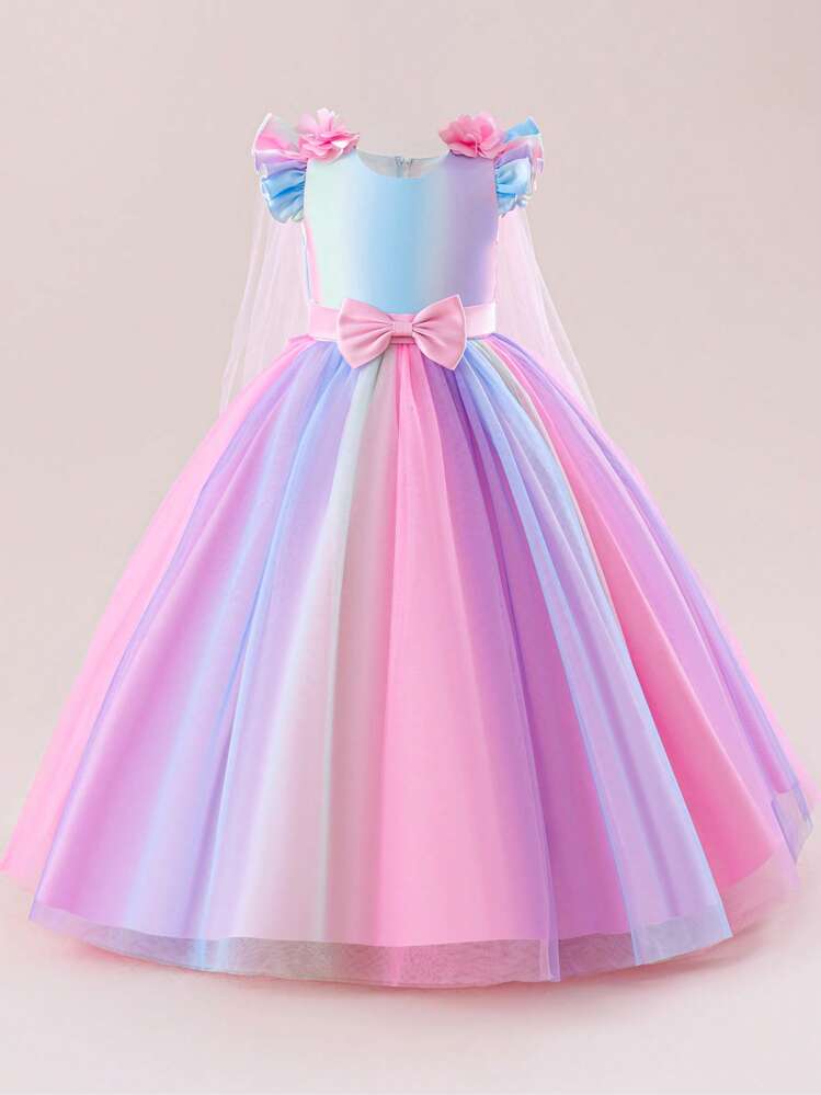 Robe ombrée colorée pour filles, robe de bal princesse arc-en-ciel avec manches papillon en tulle, jupe bouffante à traîne fleurie pour les petites filles pour les occasions spéciales, mariage, anniversaire, festival | Mode en ligne | SHEIN FRANCE