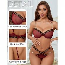 Local Delivery--Sexy Lingerie Set Mesh See Through Underwire Bra Panty Set Leopard Splice Push Up Lingerie With Chain - 酒紅色 - 查看 2