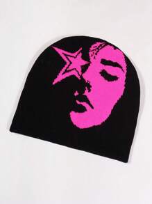 1pc Face Pattern Intarsia Knit Beanie Hat, Fashionable Y2K Vibe, Warm And Windproof