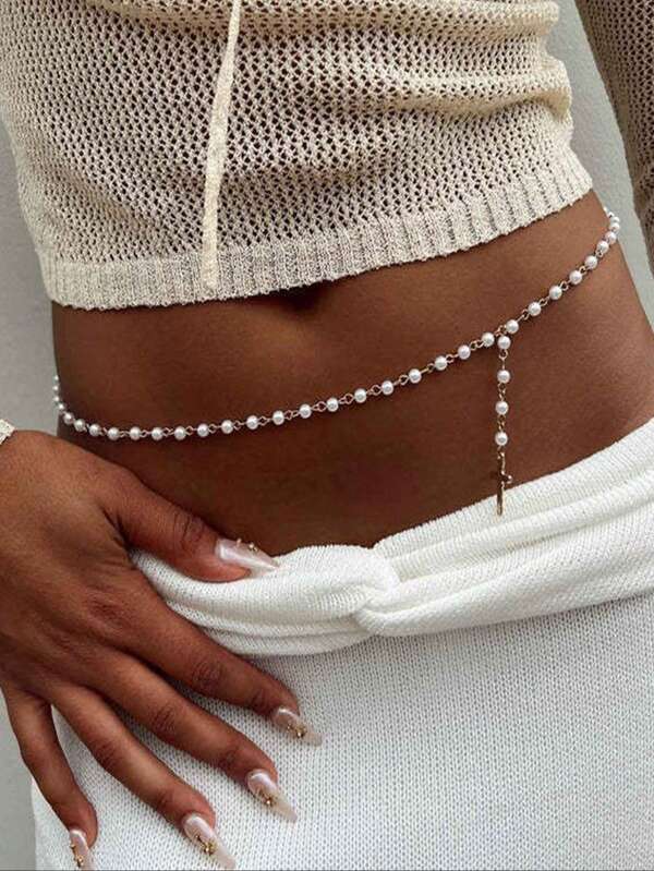 1 pieza Cadena para la cintura con cruz de perlas falsas, estilo minimalista y frío, con borlas, joyería corporal adecuada para mujeres, fiesta y regalo para mejor amiga