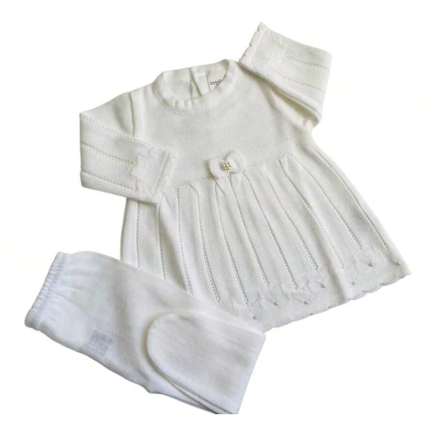 Newborn Baby Knitted Dress - White - View 1