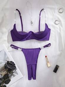 2 件性感女士内衣套装，配有可调节肩带和金属项链 - 紫色 - 查看 2