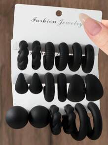 6-18pcs/Set Fashionable Black Water Drop Exaggerated C-Shape Acrylic Resin Earrings Set For Women