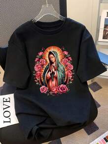Girl Round Neck Casual T-Shirt With Virgin Mary Print, Children Clothing