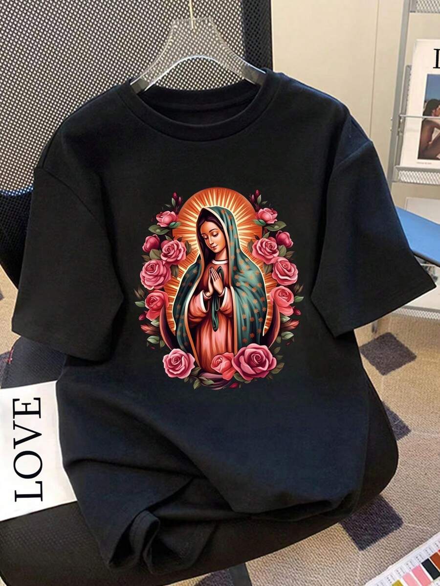 Girl Round Neck Casual T-Shirt With Virgin Mary Print, Children Clothing