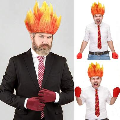 할로윈 화난 불꽃 가발, 탄 오렌지 가발, 뾰족한 레이어드 헤어 화염 의상 가발, 짧은 스트레이트 헤어 가발, 두 톤 오렌지와 노랑 옴브레 가발, 재미있는 파티 애니메 코스프레 가발-가발, 클래식 스트라이프 넥타이와 빨간 장갑은 개인 취향에 따라 자유롭게 매치하고...