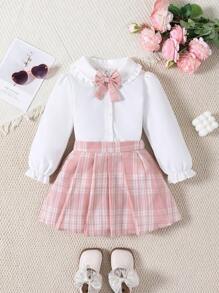 Girls' Peter Pan Collar Long Sleeve Shirt & Plaid Skirt 2pcs Set,Cute Outdoor Outfit For Spring/Autumn