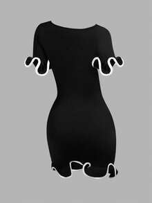 EARO Women Short Ruffle Hem Fashionable Fitted Mini Dress, Slimming Design - Black - View 3