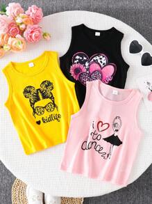 3 pezzi/set Canotte estive con stampa di cuori e ragazze per ragazze giovani, collo a giro, confezione casual multipack per bambine