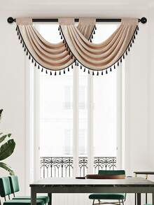 1 件轻质仿亚麻面料短窗帘，带流苏和镂空边框，现代简约风格，米色和黑色