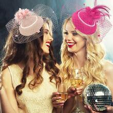 Ibeauti Fascinator Hats With Screentouch Lace Gloves Set Women Tea Party Cocktail Wedding Derby Headwear Short Gloves - 01 Light Pink - 查看 6