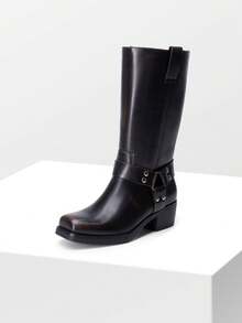 Dream Pairs Women's Motorcycle Boots Fashion Casual Slip-On Buckle Square Toe , Western Boots Chunky Heel  Autumn & Winter Tall Boots,Knee High Boots , Mid-Calf Boots For Festival Go With Dress Rust Brown - 鏽棕色 - 查看 2