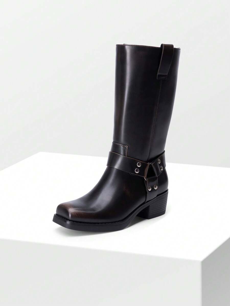 Dream Pairs Women's Motorcycle Boots Fashion Casual Slip-On Buckle Square Toe , Western Boots Chunky Heel Autumn & Winter Tall Boots,Knee High Boots , Mid-Calf Boots For Festival Go With Dress Rust Brown - 鏽棕色 - 查看 1