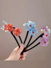 1 件花卉印花复古木质发夹，适合所有季节/新古典中国风流苏发饰，适合女士、旗袍、汉服、高端装饰发夹、发髻夹