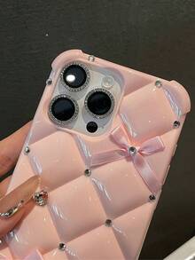 Glitter Diamond Bowknot Phone Case Compatible With Iphone 16 15 14 13 12 11 Pro Max Soft Tpu Shockproof Handmade Plus 16E Protection Cover Waterproof Anti-Fall Scratch Resistant - Pink - View 4