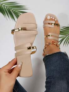 Wide Fit Women's New Flat Sandals, Extra Wide Strap Slippers For Plus Size Ladies,Suitable For Summer Daily Wear, Party & Outdoor Activities - Apricot - View 1