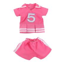 1 Set Pink Short Sleeve Top And Shorts Outfit For 18-Inch Doll, Embroidered Numeric Striped Design, Does Not Include Doll And Shoes, Perfect Gift For Little Girls On Holidays And Birthdays